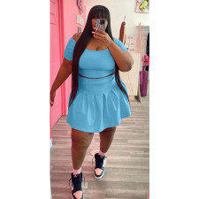 Plus Size Solid Short Sleeve Pleated Mini Skirt 2 Piece Sets WAF-77426