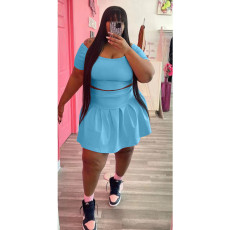 Plus Size Solid Short Sleeve Pleated Mini Skirt 2 Piece Sets WAF-77426