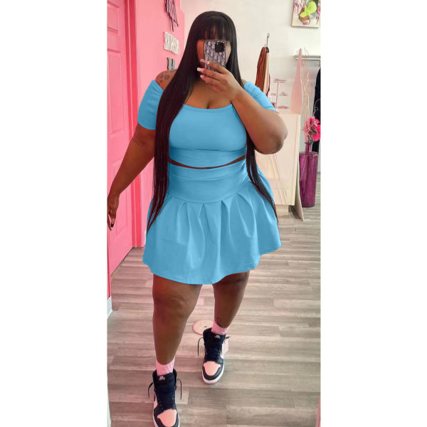 Plus Size Solid Short Sleeve Pleated Mini Skirt 2 Piece Sets WAF-77426