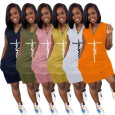 Plus Size Letter Print V Neck Sleeveless Casual Dress JRF-3677