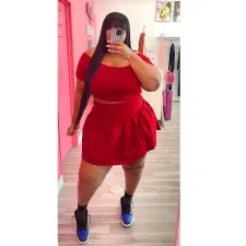 Plus Size Solid Short Sleeve Pleated Mini Skirt 2 Piece Sets WAF-77426