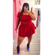 Plus Size Solid Short Sleeve Pleated Mini Skirt 2 Piece Sets WAF-77426