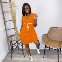 Plus Size Letter Print V Neck Sleeveless Casual Dress JRF-3677