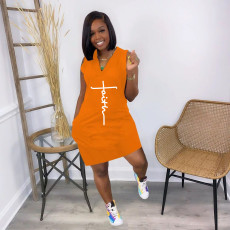 Plus Size Letter Print V Neck Sleeveless Casual Dress JRF-3677