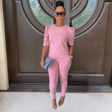 Solid Puff Sleeve Two Piece Pants Set YIM-249