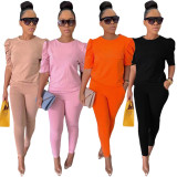 Solid Puff Sleeve Two Piece Pants Set YIM-249