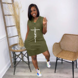 Plus Size Letter Print V Neck Sleeveless Casual Dress JRF-3677