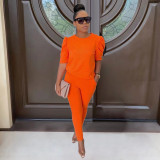 Solid Puff Sleeve Two Piece Pants Set YIM-249