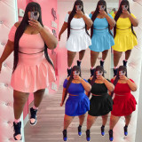 Plus Size Solid Short Sleeve Pleated Mini Skirt 2 Piece Sets WAF-77426