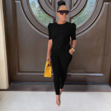 Solid Puff Sleeve Two Piece Pants Set YIM-249