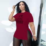 Plus Size Letter Print O Neck Split T Shirt BDF-601804