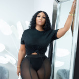 Plus Size Solid O Neck Split T Shirt BDF-6018