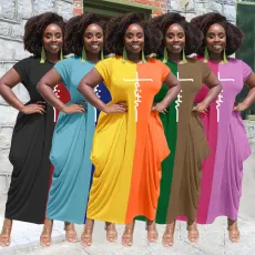 Contrast Color Short Sleeve Loose Maxi Dress AL-278