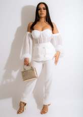 Sexy Mesh Patchwork Long Sleeve 2 Piece Pants Set JH-299