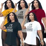 Plus Size Letter Print O Neck Split T Shirt BDF-601804