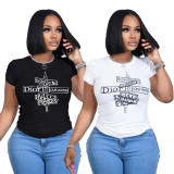 Plus Size Letter Print O Neck Short Sleeve T Shirt BMF-059X