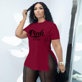 Plus Size Pink Letter Print O Neck Split T Shirt BDF-601803