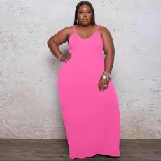 Plus Size Solid Pockets Loose Maxi Dress WAF-7208