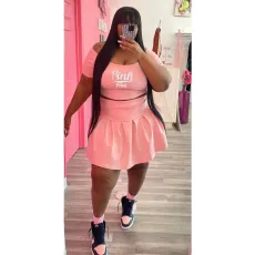 Plus Size Pink Letter Short Sleeve Pleated Mini Skirt 2 Piece Sets WAF-74264