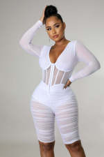 Sexy Mesh Patchwork Ruched Long Sleeve Romper HM-6609