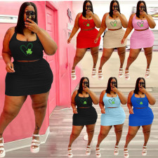 Plus Size Clover Print Tank Top Mini Skirt 2 Piece Sets WAF-7211192