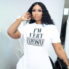 Plus Size Letter Print O Neck Split T Shirt BDF-601804