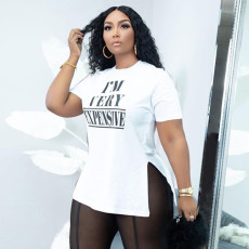 Plus Size Letter Print O Neck Split T Shirt BDF-601804