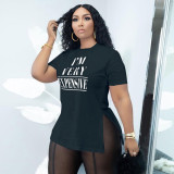 Plus Size Letter Print O Neck Split T Shirt BDF-601804