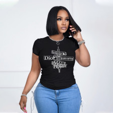 Plus Size Letter Print O Neck Short Sleeve T Shirt BMF-059X