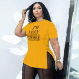 Plus Size Letter Print O Neck Split T Shirt BDF-601804
