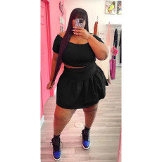 Plus Size Solid Short Sleeve Pleated Mini Skirt 2 Piece Sets BDF-8129