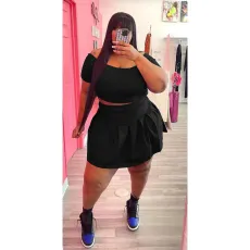 Plus Size Solid Short Sleeve Pleated Mini Skirt 2 Piece Sets BDF-8129