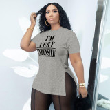 Plus Size Letter Print O Neck Split T Shirt BDF-601804