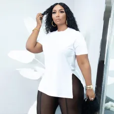 Plus Size Solid O Neck Split T Shirt BDF-6018