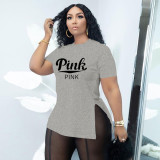 Plus Size Pink Letter Print O Neck Split T Shirt BDF-601803