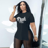 Plus Size Pink Letter Print O Neck Split T Shirt BDF-601803