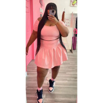 Plus Size Solid Short Sleeve Pleated Mini Skirt 2 Piece Sets BDF-8129