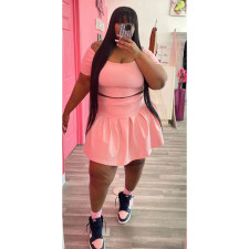 Plus Size Solid Short Sleeve Pleated Mini Skirt 2 Piece Sets BDF-8129