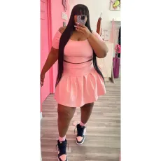 Plus Size Solid Short Sleeve Pleated Mini Skirt 2 Piece Sets BDF-8129
