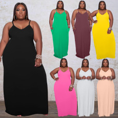 Plus Size Solid Pockets Loose Maxi Dress WAF-7208