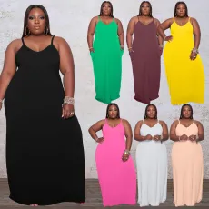 Plus Size Solid Pockets Loose Maxi Dress WAF-7208