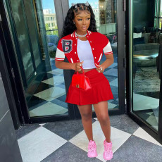Casual Baseball Jacket Pleated Mini Skirt 2 Piece Sets NYF-8103