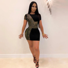 Plus Size Hot Drilling Short Sleeve Slim Mini Dress NY-8982