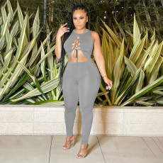 Solid Sleeveless Lace-Up Top+Pants 2 Piece Sets QSF-51056
