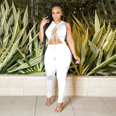 Solid Sleeveless Lace-Up Top+Pants 2 Piece Sets QSF-51056