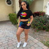 Plus Size Lip Print Casual Two Piece Shorts Set OM-1311