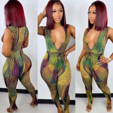 Sexy Printed Deep V Neck Sleeveless Jumpsuit MOF-6682