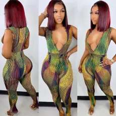 Sexy Printed Deep V Neck Sleeveless Jumpsuit MOF-6682