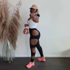 Solid Sexy Hole Tight Pencil Pants QSF-51058