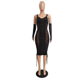 Sexy Mesh Patchwork Midi Dress With Thumb Hole Sleeves GCNF-0167